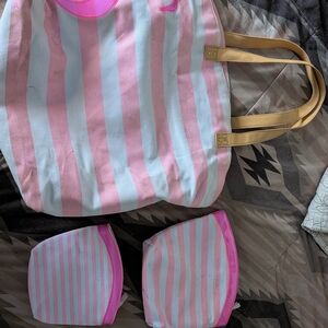 Victoria's Secret Pink and White Tote with Tan Handles